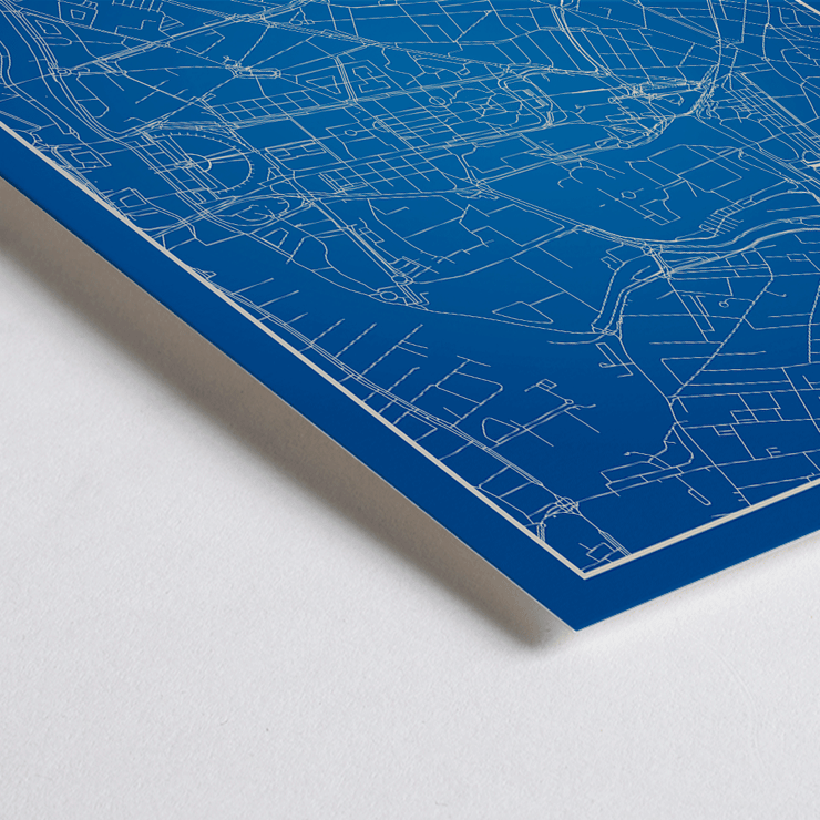 Art print featuring a minimalist map of Montpellier by Minimalist Montpellier Map. Poster featuring a detailed blue and white map of Montpellier with city landmarks and the title Minimalist Montpellier Map