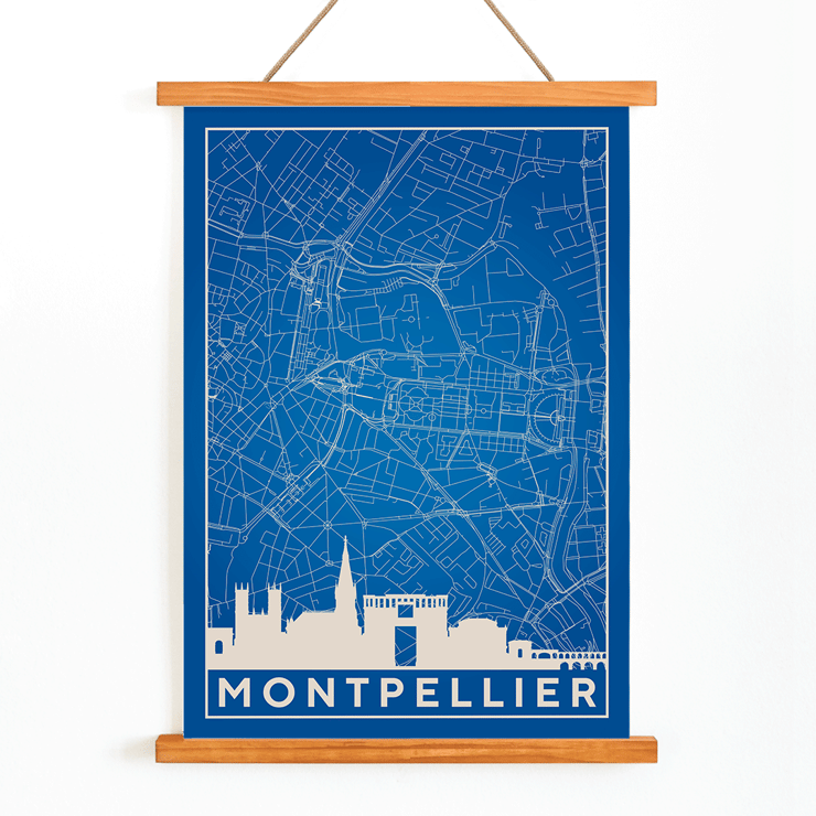 Art print featuring a minimalist map of Montpellier by Minimalist Montpellier Map. Poster featuring a detailed blue and white map of Montpellier with city landmarks and the title Minimalist Montpellier Map