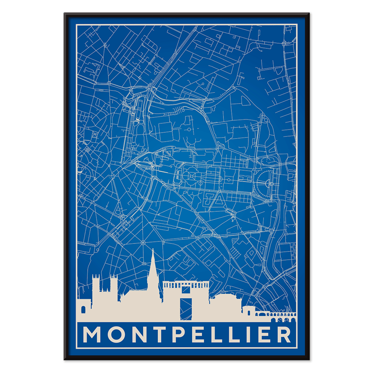 Art print featuring a minimalist map of Montpellier by Minimalist Montpellier Map. Poster featuring a detailed blue and white map of Montpellier with city landmarks and the title Minimalist Montpellier Map