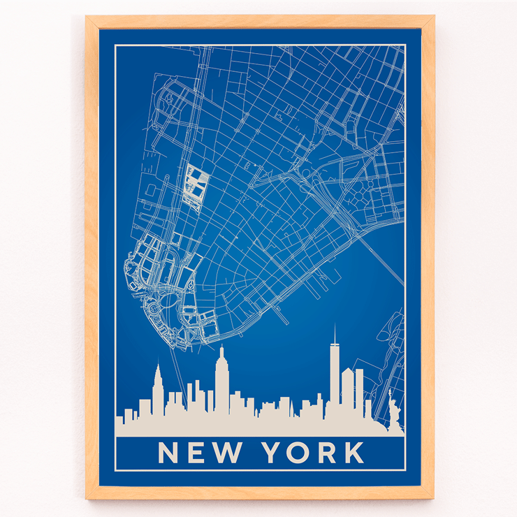 New York Minimalist Map by artist New York Poster titled New York Minimalist Map featuring a blue and white outline of New York City streets above a city skyline silhouette
