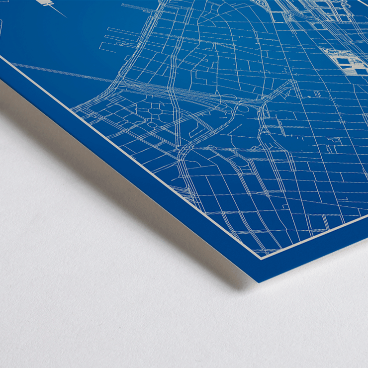 New York Minimalist Map by artist New York Poster titled New York Minimalist Map featuring a blue and white outline of New York City streets above a city skyline silhouette
