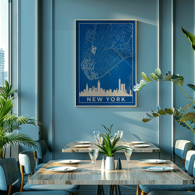 New York Minimalist Map by artist New York Poster titled New York Minimalist Map featuring a blue and white outline of New York City streets above a city skyline silhouette