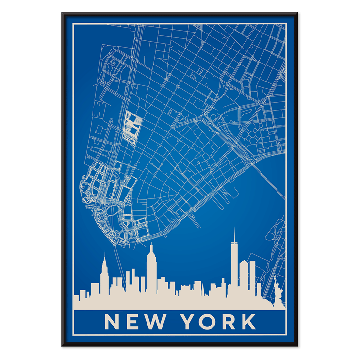 New York Minimalist Map by artist New York Poster titled New York Minimalist Map featuring a blue and white outline of New York City streets above a city skyline silhouette