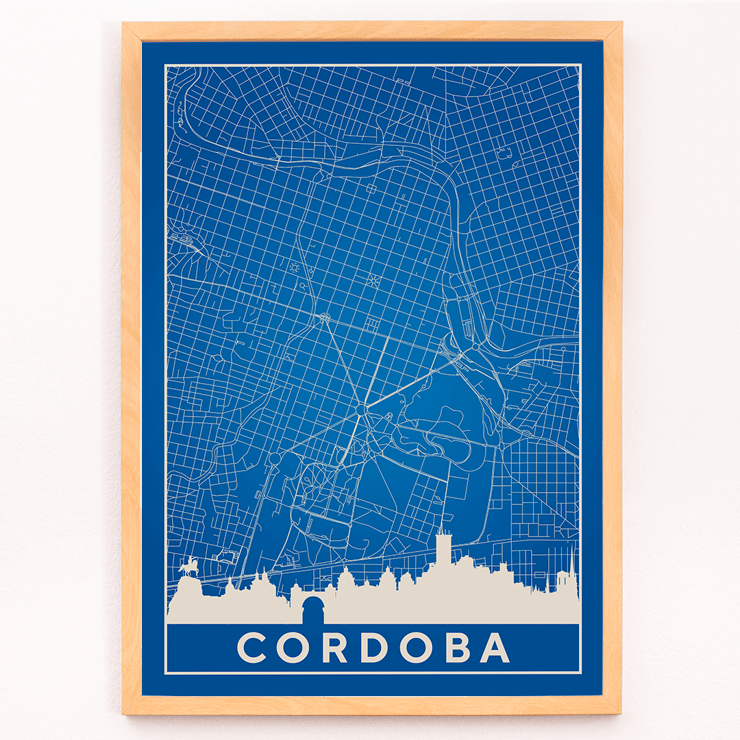 Cordoba Minimalist Map artwork by artist featuring a blue grid design and city skyline Poster featuring the Cordoba Minimalist Map with a blue and white color scheme depicting the city's grid layout and skyline silhouette.