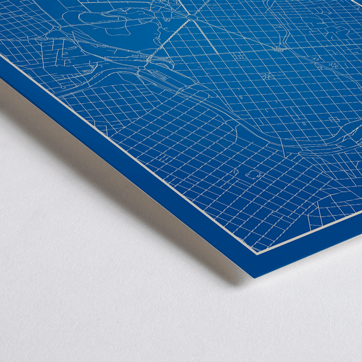 Cordoba Minimalist Map artwork by artist featuring a blue grid design and city skyline Poster featuring the Cordoba Minimalist Map with a blue and white color scheme depicting the city's grid layout and skyline silhouette.