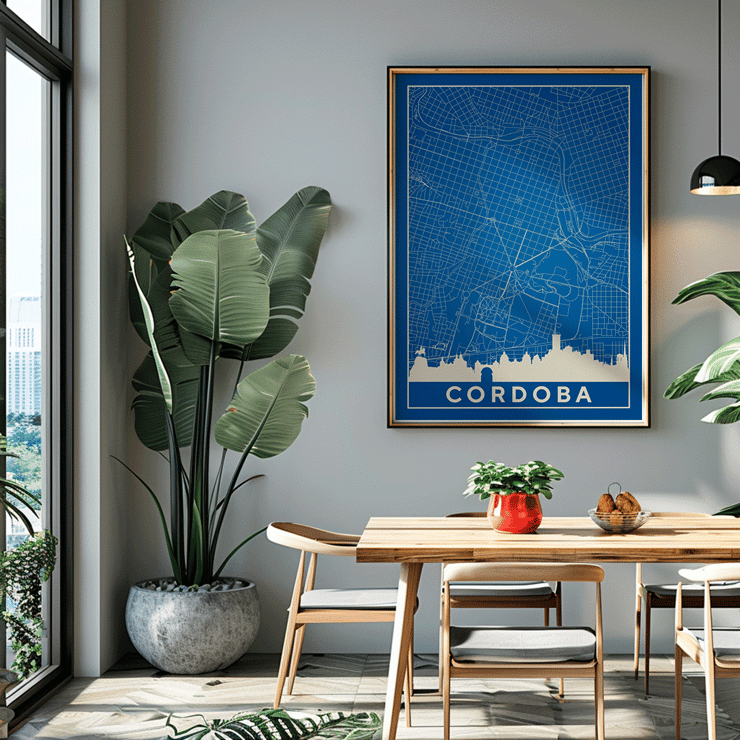Cordoba Minimalist Map artwork by artist featuring a blue grid design and city skyline Poster featuring the Cordoba Minimalist Map with a blue and white color scheme depicting the city's grid layout and skyline silhouette.
