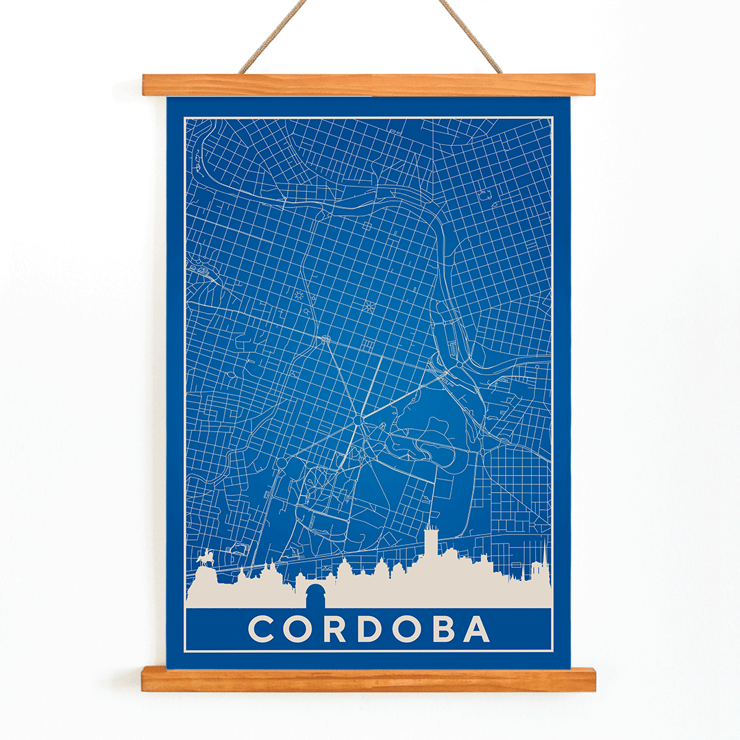 Cordoba Minimalist Map artwork by artist featuring a blue grid design and city skyline Poster featuring the Cordoba Minimalist Map with a blue and white color scheme depicting the city's grid layout and skyline silhouette.