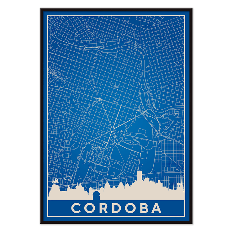Cordoba Minimalist Map artwork by artist featuring a blue grid design and city skyline Poster featuring the Cordoba Minimalist Map with a blue and white color scheme depicting the city's grid layout and skyline silhouette.