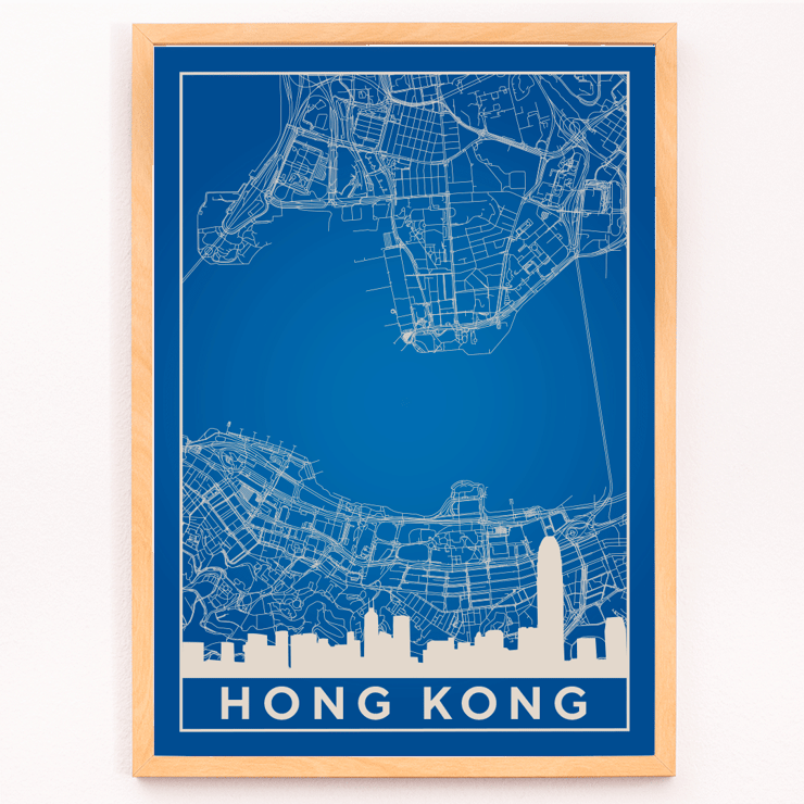 Hong Kong Minimalist Map by Artist Name Wall Art Urban Blueprint Poster of a blue minimalist map of Hong Kong featuring the city's skyline and street layout with title Hong Kong Minimalist Map.
