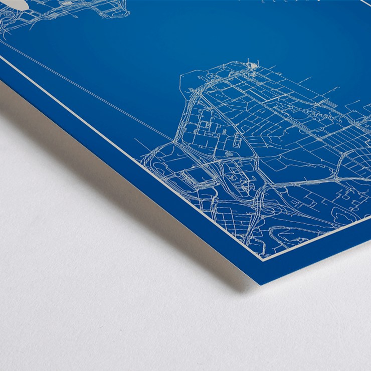 Hong Kong Minimalist Map by Artist Name Wall Art Urban Blueprint Poster of a blue minimalist map of Hong Kong featuring the city's skyline and street layout with title Hong Kong Minimalist Map.