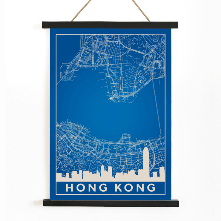 Hong Kong Minimalist Map by Artist Name Wall Art Urban Blueprint Poster of a blue minimalist map of Hong Kong featuring the city's skyline and street layout with title Hong Kong Minimalist Map.