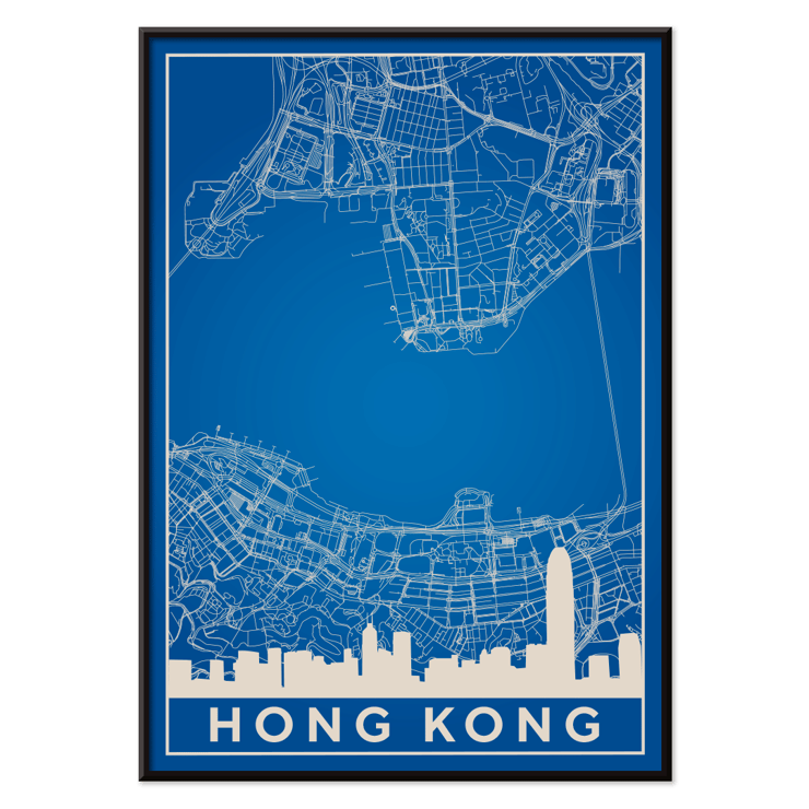 Hong Kong Minimalist Map by Artist Name Wall Art Urban Blueprint Poster of a blue minimalist map of Hong Kong featuring the city's skyline and street layout with title Hong Kong Minimalist Map.