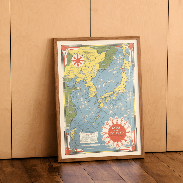 Colorful illustrated map of Japan and surrounding regions by Ernest Dudley Chase Japan the Target a Pictorial Jap-map Poster of a colorful map depicting Japan and its surroundings titled Japan the target a pictorial Jap-map by Ernest Dudley Chase
