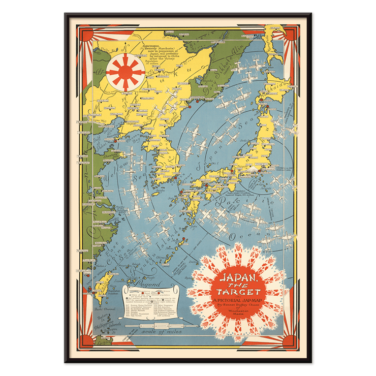 Colorful illustrated map of Japan and surrounding regions by Ernest Dudley Chase Japan the Target a Pictorial Jap-map Poster of a colorful map depicting Japan and its surroundings titled Japan the target a pictorial Jap-map by Ernest Dudley Chase