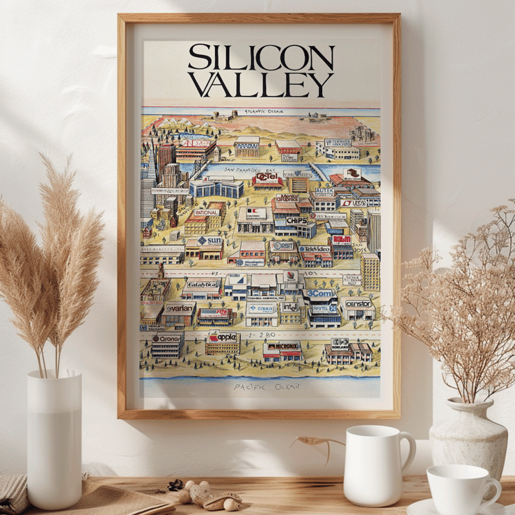 Silicon Valley Map illustration by Kirby Scudder featuring notable tech companies Poster illustrating a map of Silicon Valley featuring various tech company logos artist Kirby Scudder title Silicon Valley Map