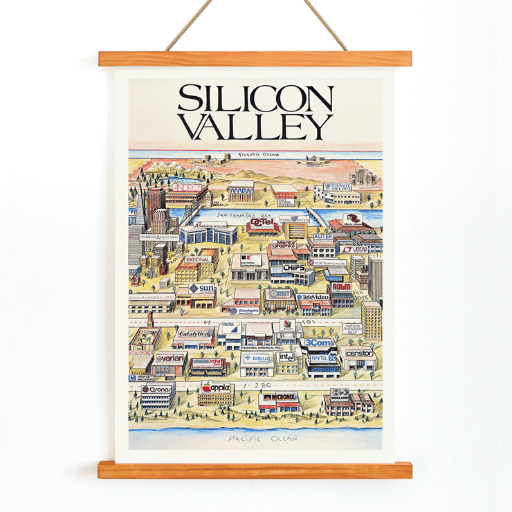 Silicon Valley Map illustration by Kirby Scudder featuring notable tech companies Poster illustrating a map of Silicon Valley featuring various tech company logos artist Kirby Scudder title Silicon Valley Map