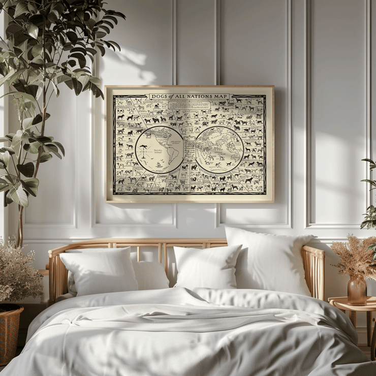 Illustrated map featuring various dog breeds around the world by Frantz E titled Dogs of All Nations Map Poster titled Dogs of All Nations Map by Frantz E featuring various dog breeds from different countries around the world.