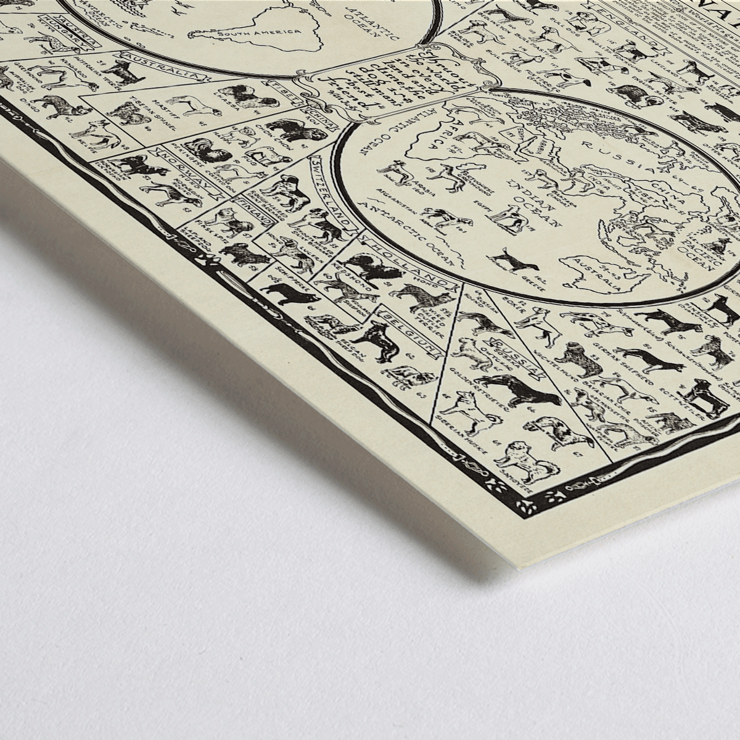 Illustrated map featuring various dog breeds around the world by Frantz E titled Dogs of All Nations Map Poster titled Dogs of All Nations Map by Frantz E featuring various dog breeds from different countries around the world.