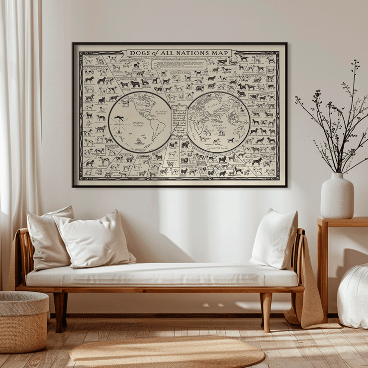 Illustrated map featuring various dog breeds around the world by Frantz E titled Dogs of All Nations Map Poster titled Dogs of All Nations Map by Frantz E featuring various dog breeds from different countries around the world.