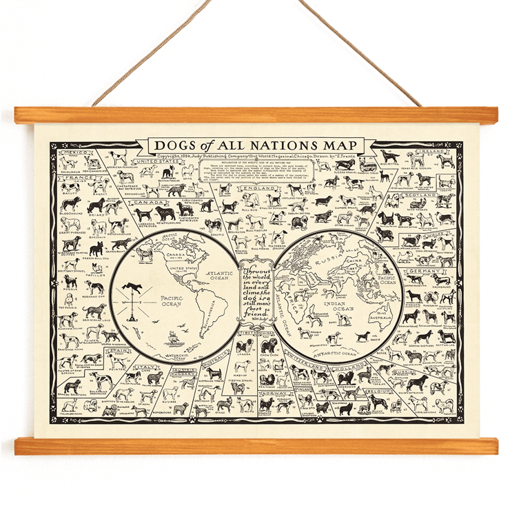 Illustrated map featuring various dog breeds around the world by Frantz E titled Dogs of All Nations Map Poster titled Dogs of All Nations Map by Frantz E featuring various dog breeds from different countries around the world.