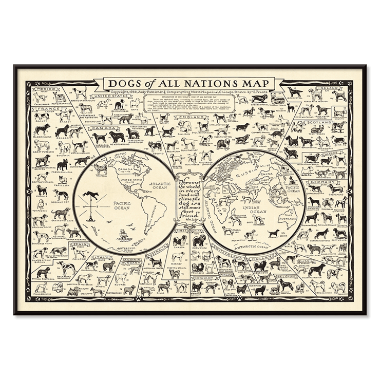 Illustrated map featuring various dog breeds around the world by Frantz E titled Dogs of All Nations Map Poster titled Dogs of All Nations Map by Frantz E featuring various dog breeds from different countries around the world.