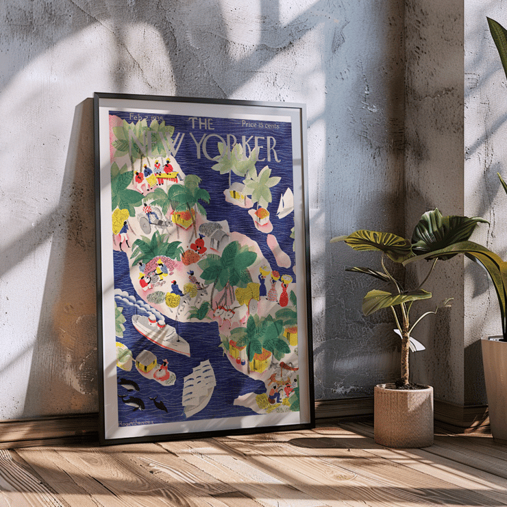 Illustration d'une scène d'île tropicale colorée par Roger Duvoisin pour The New Yorker Poster représentant une scène tropicale vibrante avec des gens, des huttes, des bateaux et des palmiers dans un style aquarelle par Roger Duvoisin intitulé The New Yorker