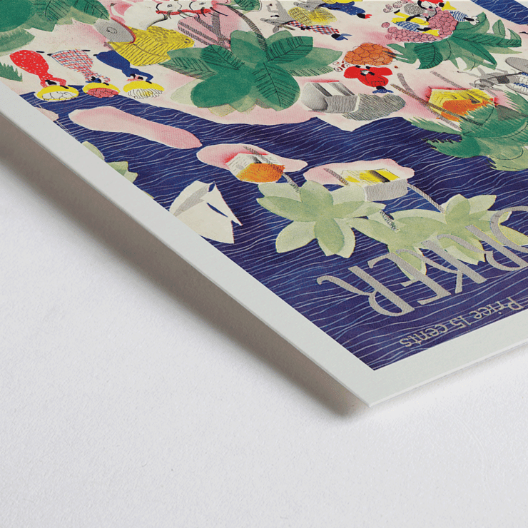 Illustration d'une scène d'île tropicale colorée par Roger Duvoisin pour The New Yorker Poster représentant une scène tropicale vibrante avec des gens, des huttes, des bateaux et des palmiers dans un style aquarelle par Roger Duvoisin intitulé The New Yorker