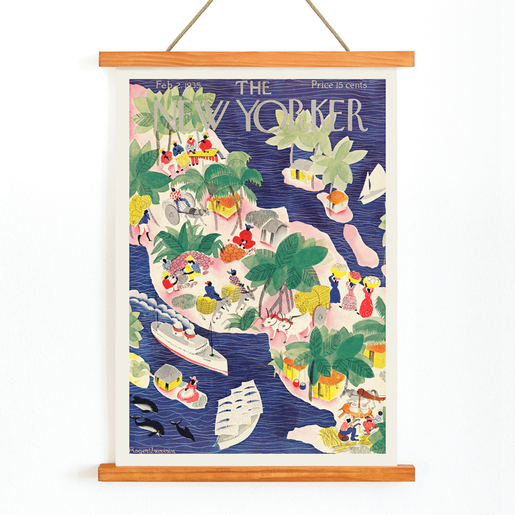Illustration d'une scène d'île tropicale colorée par Roger Duvoisin pour The New Yorker Poster représentant une scène tropicale vibrante avec des gens, des huttes, des bateaux et des palmiers dans un style aquarelle par Roger Duvoisin intitulé The New Yorker