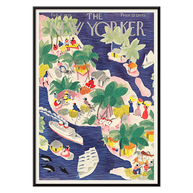 Illustration d'une scène d'île tropicale colorée par Roger Duvoisin pour The New Yorker Poster représentant une scène tropicale vibrante avec des gens, des huttes, des bateaux et des palmiers dans un style aquarelle par Roger Duvoisin intitulé The New Yorker