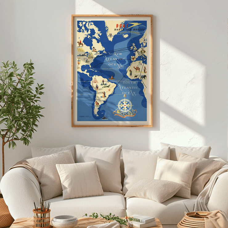 Colorful map of BOAC world air routes by Seymour E.O titled British Overseas Airways Poster depicting world air routes over the Atlantic Ocean by British Overseas Airways artwork by Seymour EO.