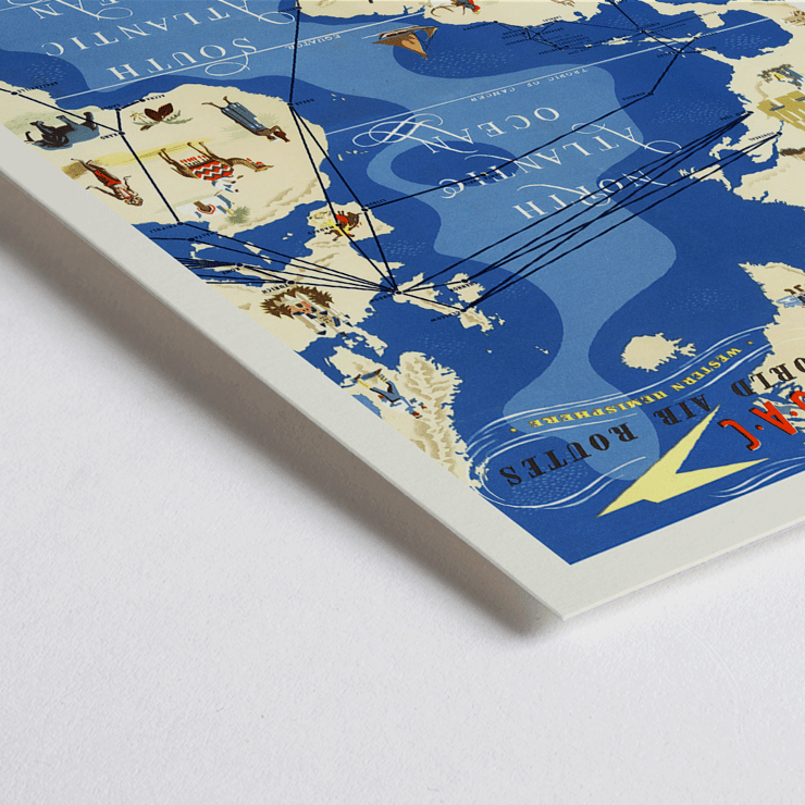 Colorful map of BOAC world air routes by Seymour E.O titled British Overseas Airways Poster depicting world air routes over the Atlantic Ocean by British Overseas Airways artwork by Seymour EO.