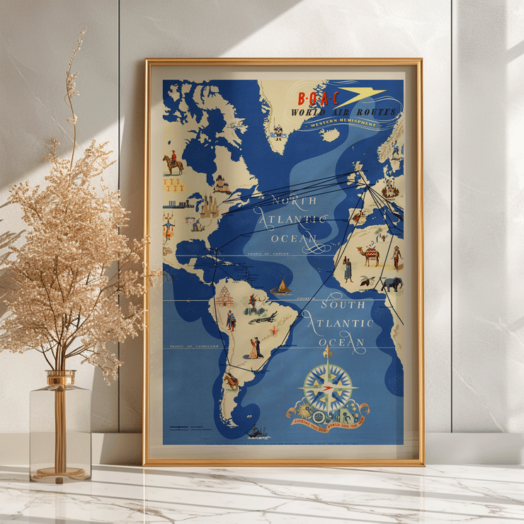 Colorful map of BOAC world air routes by Seymour E.O titled British Overseas Airways Poster depicting world air routes over the Atlantic Ocean by British Overseas Airways artwork by Seymour EO.