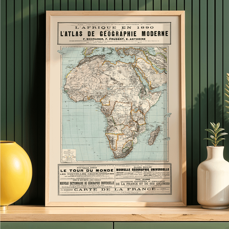 Karte von Afrika von F. Schrader, F. Prudent und E. Anthoine aus L'Afrique en l'Atlas de géographie moderne Poster zeigt eine detaillierte Karte von Afrika mit geografischen Merkmalen aus dem Atlas de géographie moderne von Schrader Prudent Anthoine