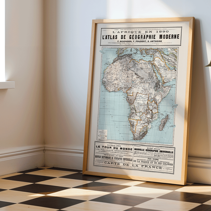 Karte von Afrika von F. Schrader, F. Prudent und E. Anthoine aus L'Afrique en l'Atlas de géographie moderne Poster zeigt eine detaillierte Karte von Afrika mit geografischen Merkmalen aus dem Atlas de géographie moderne von Schrader Prudent Anthoine