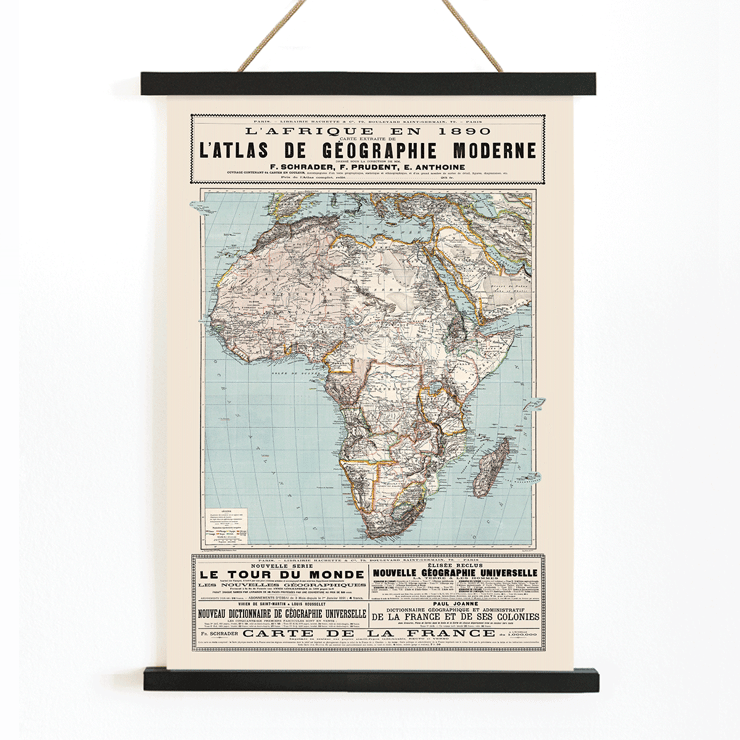 Karte von Afrika von F. Schrader, F. Prudent und E. Anthoine aus L'Afrique en l'Atlas de géographie moderne Poster zeigt eine detaillierte Karte von Afrika mit geografischen Merkmalen aus dem Atlas de géographie moderne von Schrader Prudent Anthoine