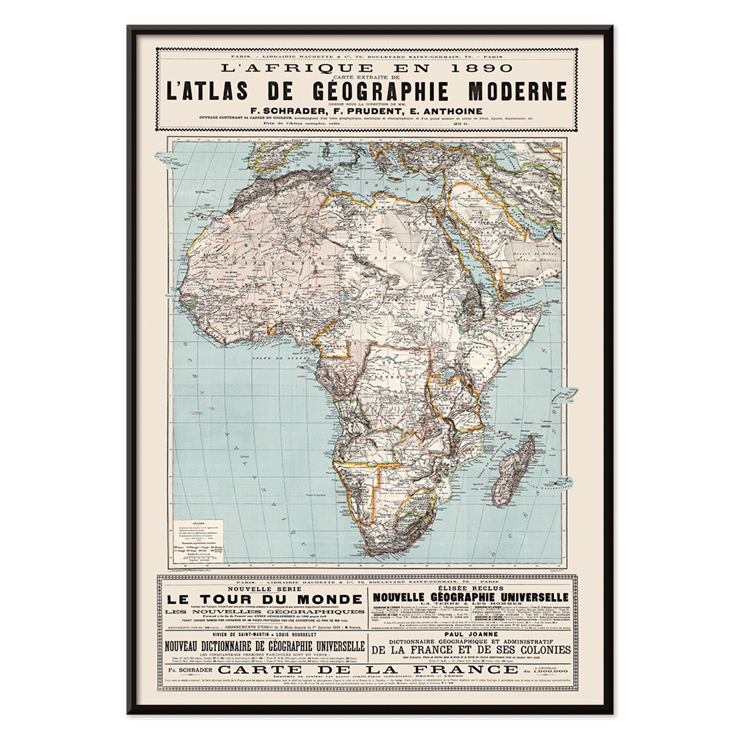 Karte von Afrika von F. Schrader, F. Prudent und E. Anthoine aus L'Afrique en l'Atlas de géographie moderne Poster zeigt eine detaillierte Karte von Afrika mit geografischen Merkmalen aus dem Atlas de géographie moderne von Schrader Prudent Anthoine