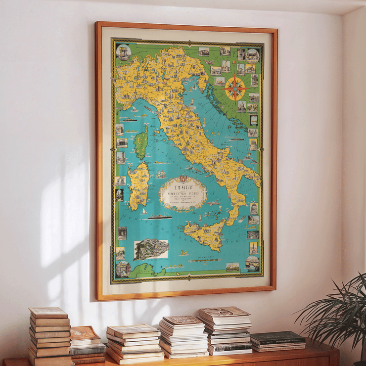 Map of Italy and Vatican City by Ernest Dudley Chase titled Italy with Vatican City Poster depicting a map of Italy and Vatican City by Ernest Dudley Chase with illustrated landmarks and colorful design.