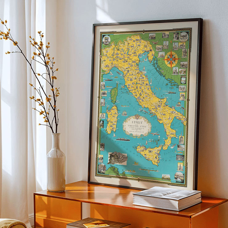 Map of Italy and Vatican City by Ernest Dudley Chase titled Italy with Vatican City Poster depicting a map of Italy and Vatican City by Ernest Dudley Chase with illustrated landmarks and colorful design.