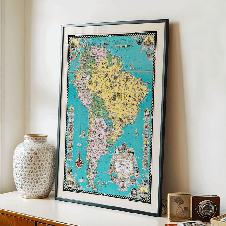 Colorful illustrated map of South America by Ernest Dudley Chase titled The Good Neighbor of South America. Colorful illustrated map of South America poster by Ernest Dudley Chase titled The good neighbor of South America