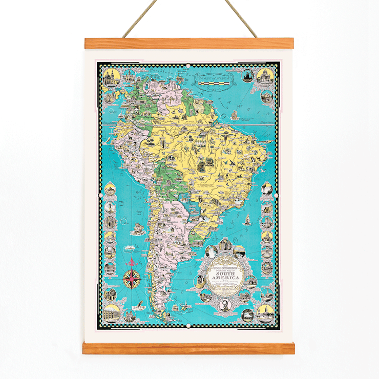 Colorful illustrated map of South America by Ernest Dudley Chase titled The Good Neighbor of South America. Colorful illustrated map of South America poster by Ernest Dudley Chase titled The good neighbor of South America