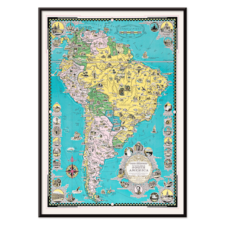 Colorful illustrated map of South America by Ernest Dudley Chase titled The Good Neighbor of South America. Colorful illustrated map of South America poster by Ernest Dudley Chase titled The good neighbor of South America