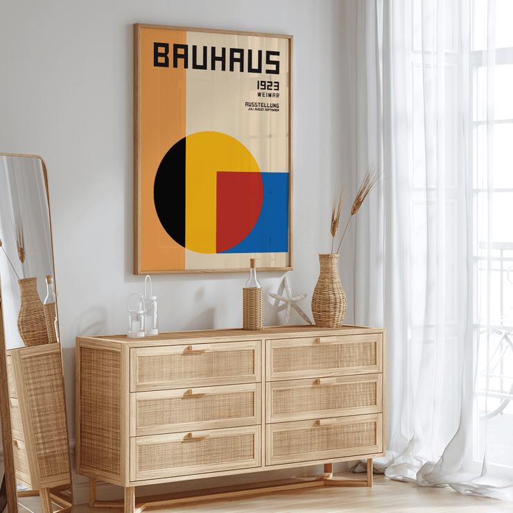 Bauhaus Poster 1 Inspired by the 1923 Weimar Exhibition with geometric design featuring overlapping shapes and bold colors Bauhaus Poster 1 Inspired by the Weimar Exhibition geometric shapes in warm colors showcasing modernist design style