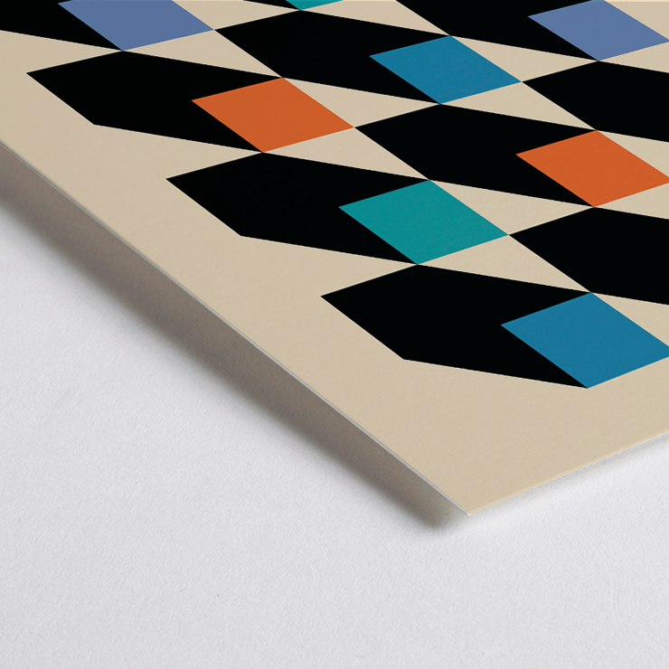 Bauhaus Poster 2 Inspired by the Weimar Exhibition with geometric patterns and bold colors by Joost Schmidt Bauhaus Poster inspired by the Weimar Exhibition featuring geometric patterns in black, blue, orange, and teal squares.