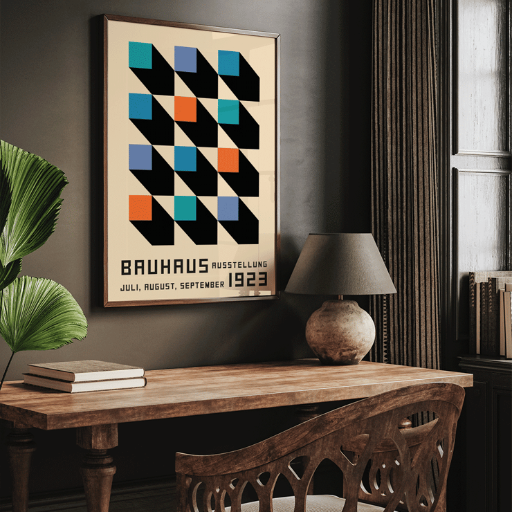 Bauhaus Poster 2 Inspired by the Weimar Exhibition with geometric patterns and bold colors by Joost Schmidt Bauhaus Poster inspired by the Weimar Exhibition featuring geometric patterns in black, blue, orange, and teal squares.