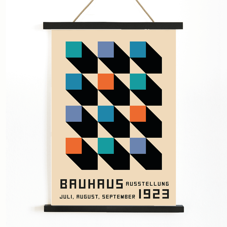Bauhaus Poster 2 Inspired by the Weimar Exhibition with geometric patterns and bold colors by Joost Schmidt Bauhaus Poster inspired by the Weimar Exhibition featuring geometric patterns in black, blue, orange, and teal squares.