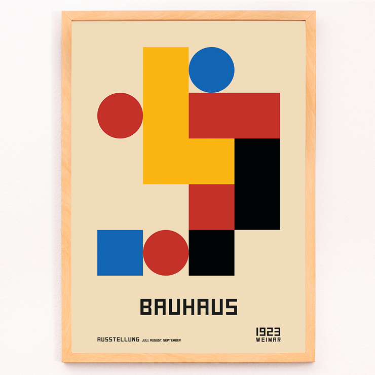 Bauhaus Poster 3 Inspired by the Weimar Exhibition features geometric shapes and bold colors. Abstract Bauhaus poster with geometric shapes and primary colors inspired by Weimar exhibition titled Poster Inspired by Weimar Exhibition