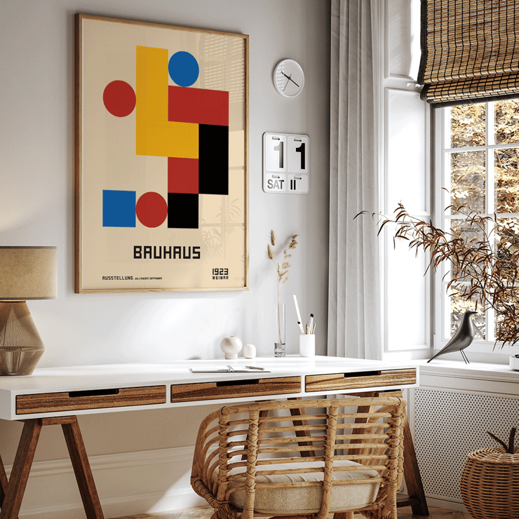 Bauhaus Poster 3 Inspired by the Weimar Exhibition features geometric shapes and bold colors. Abstract Bauhaus poster with geometric shapes and primary colors inspired by Weimar exhibition titled Poster Inspired by Weimar Exhibition