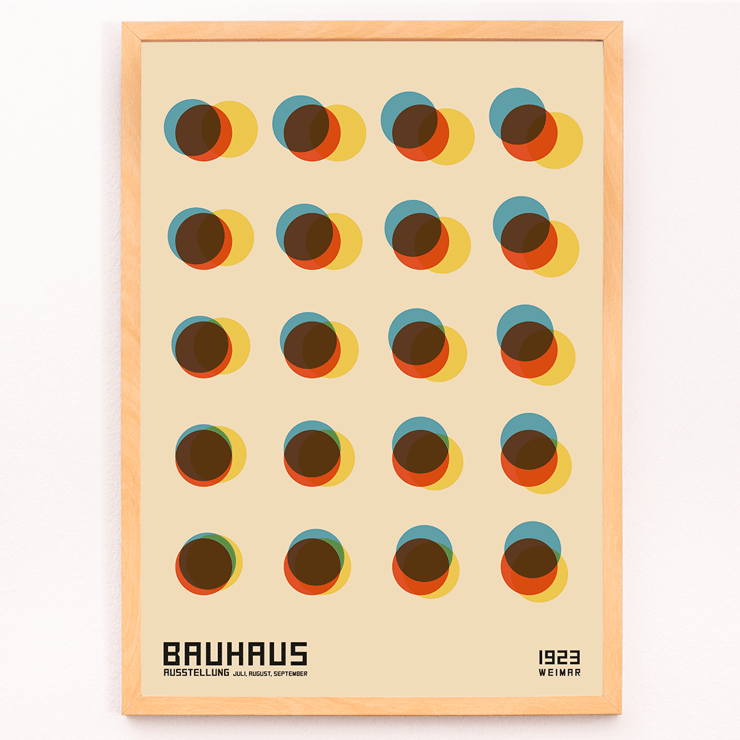 Bauhaus Poster 7 Inspired by the 1923 Weimar Exhibition features colorful overlapping circles in a geometric design. Bauhaus Poster 7 Inspired by the Weimar Exhibition features geometric overlapping circles in blue red yellow and brown tones.