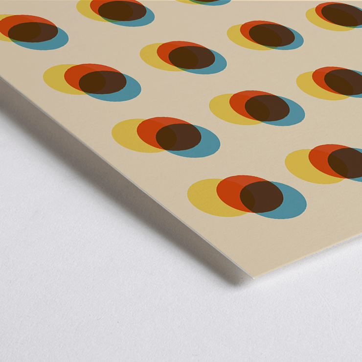 Bauhaus Poster 7 Inspired by the 1923 Weimar Exhibition features colorful overlapping circles in a geometric design. Bauhaus Poster 7 Inspired by the Weimar Exhibition features geometric overlapping circles in blue red yellow and brown tones.