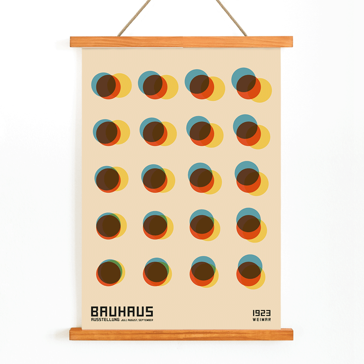 Bauhaus Poster 7 Inspired by the 1923 Weimar Exhibition features colorful overlapping circles in a geometric design. Bauhaus Poster 7 Inspired by the Weimar Exhibition features geometric overlapping circles in blue red yellow and brown tones.